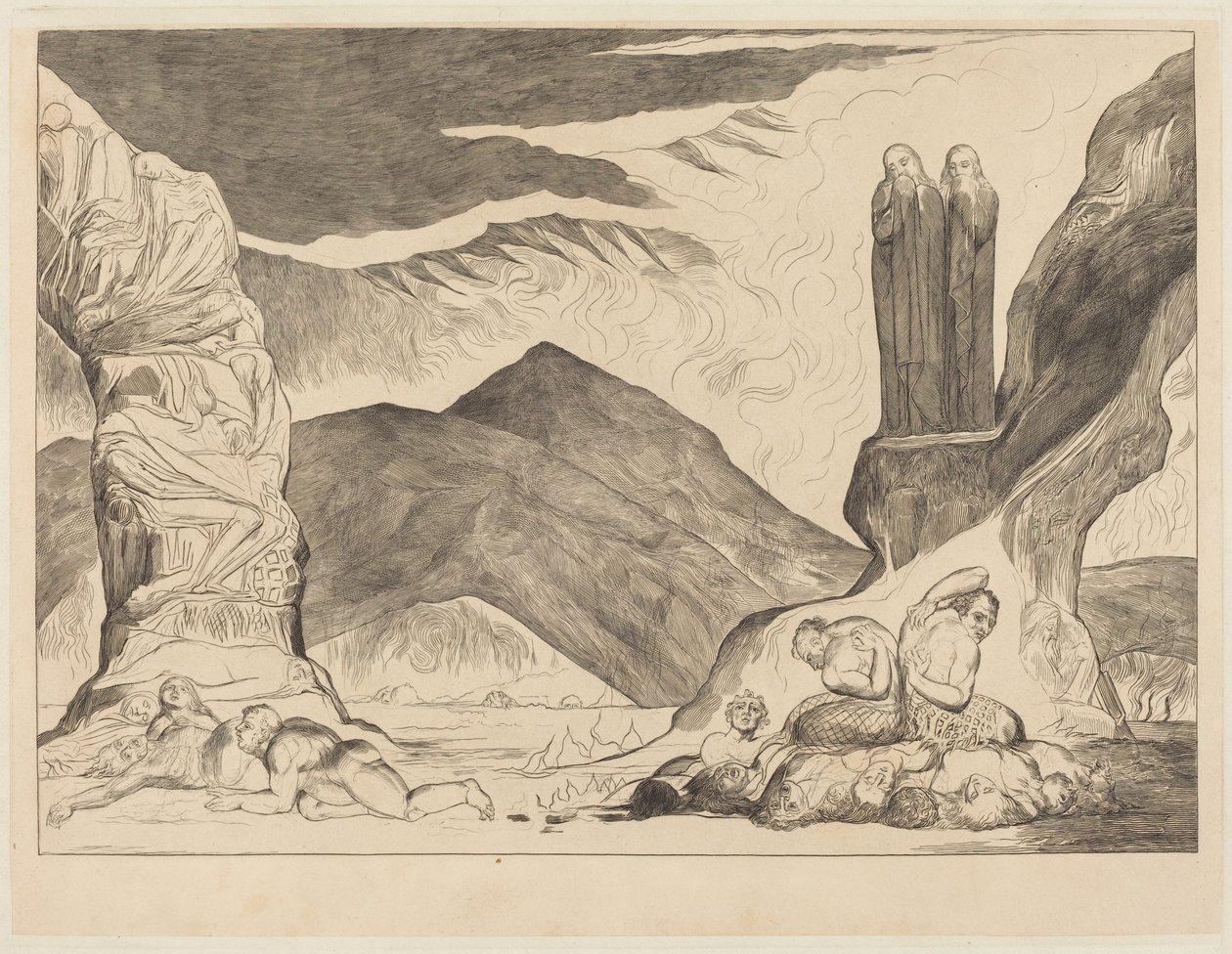Le cercle des falsificateurs : Dante et Virgile se bouchant le nez à cause de la puanteur - William Blake