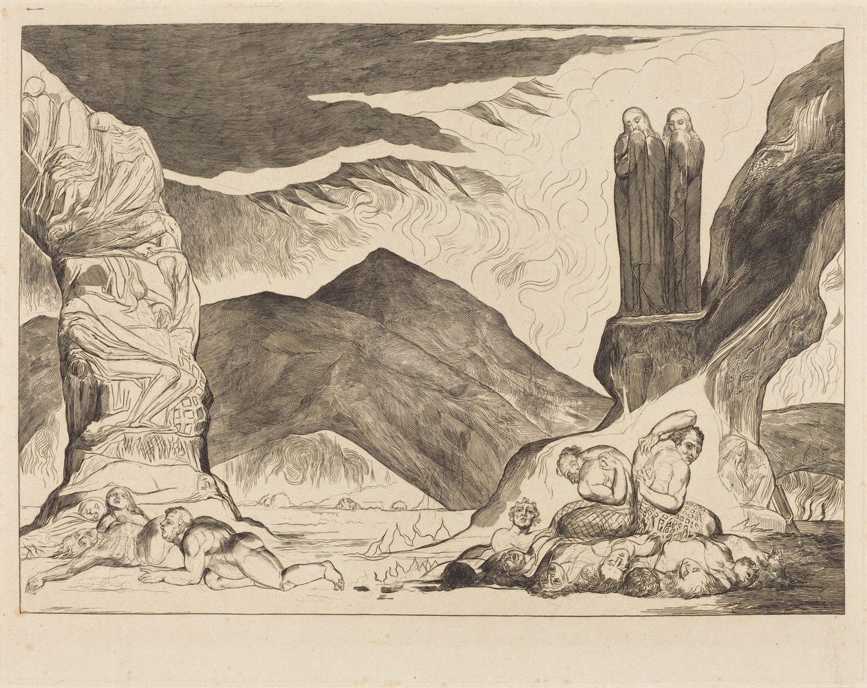 Le cercle des faussaires : Dante et Virgile se couvrent le nez à cause de la puanteur - William Blake