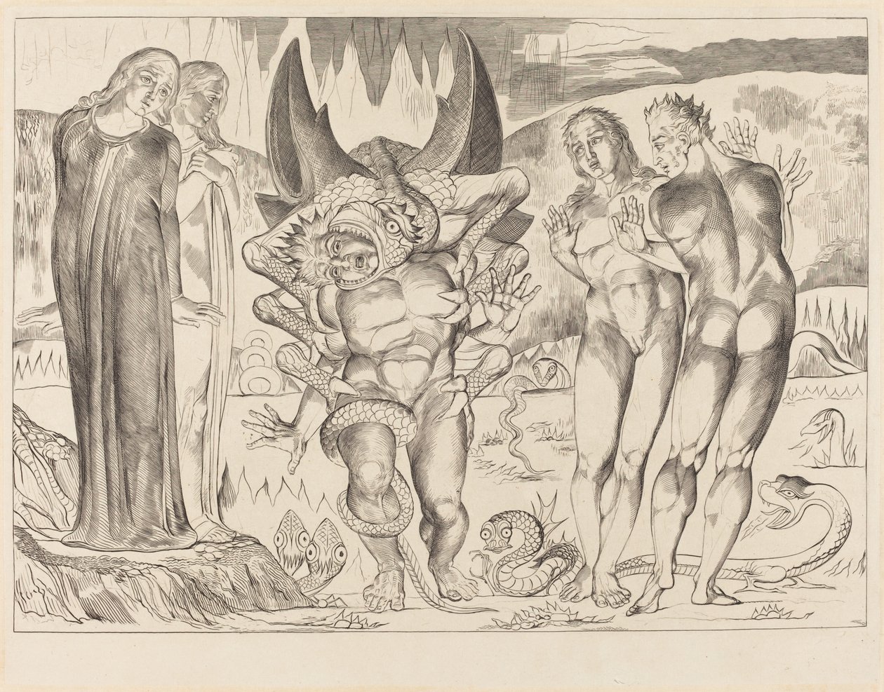 Le cercle des voleurs, Agnolo Brunelleschi attaqué par un serpent à six pieds - William Blake