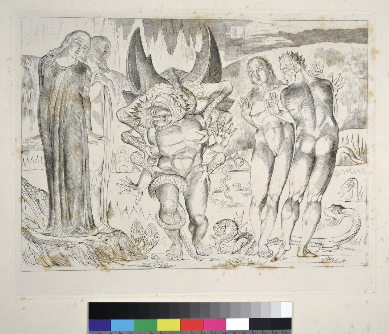 Le Cercle des Voleurs : Agnolo Brunelleschi attaqué par un serpent à six pieds. Enfer, Chant XXV, illustration de la Divine Comédie de Dante Alighieri - William Blake
