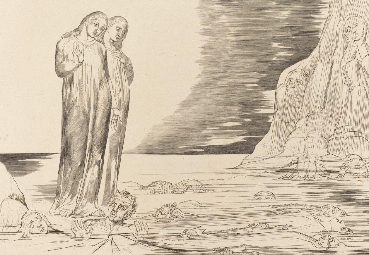 Le cercle des traîtres, le pied de Dante frappant Bocca degli Abbate - William Blake