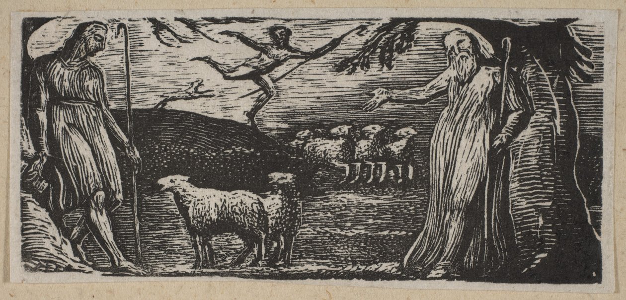 Thenot réprimande Colinet, Lightfoot en arrière-plan, de Pastorales de Thornton o..., 1821 - William Blake