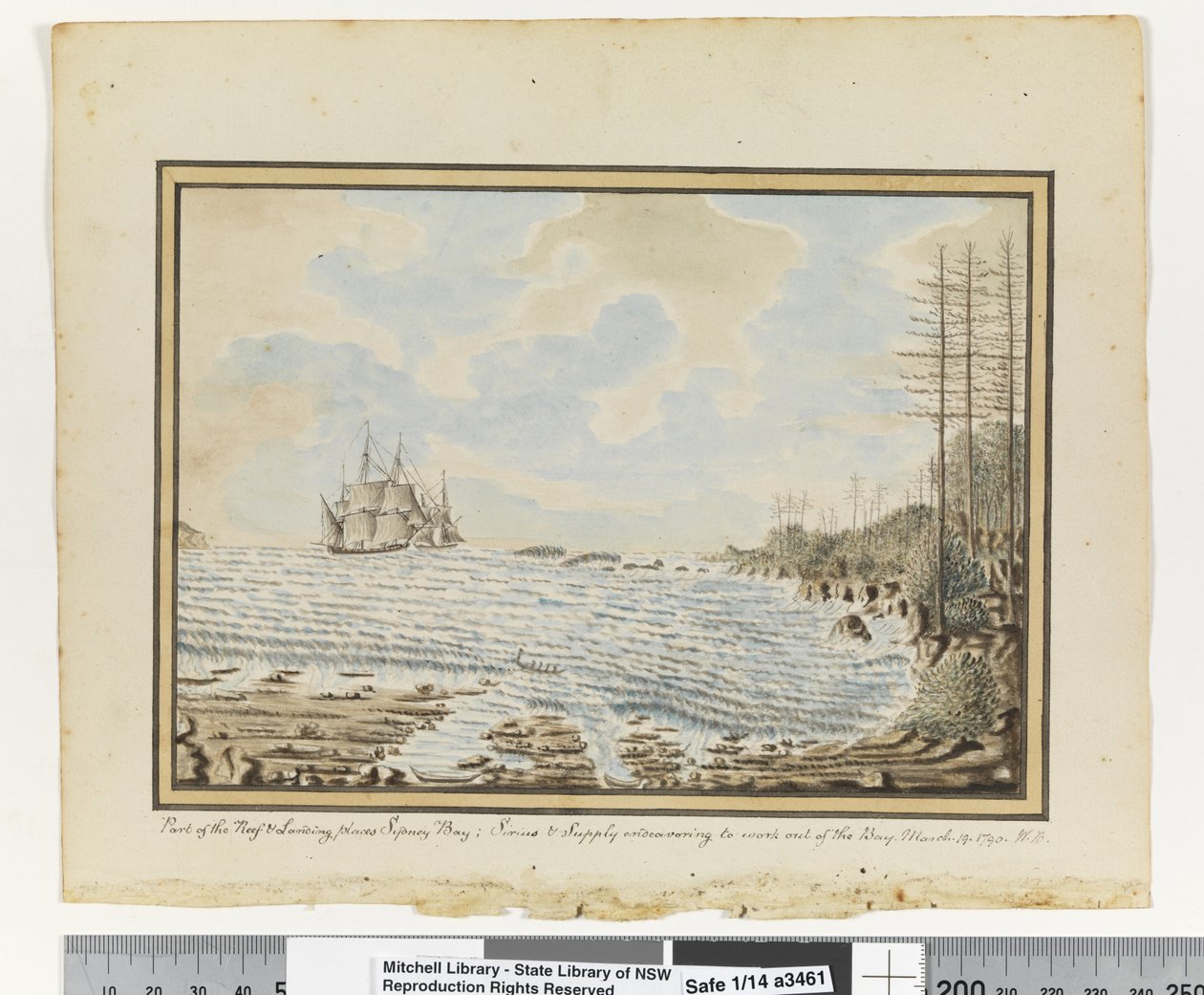 Opp. p. 194. `Partie du récif et lieux de débarquement baie de Sydney; Sirius et Supply tentant de sortir de la baie. 19 mars 1790