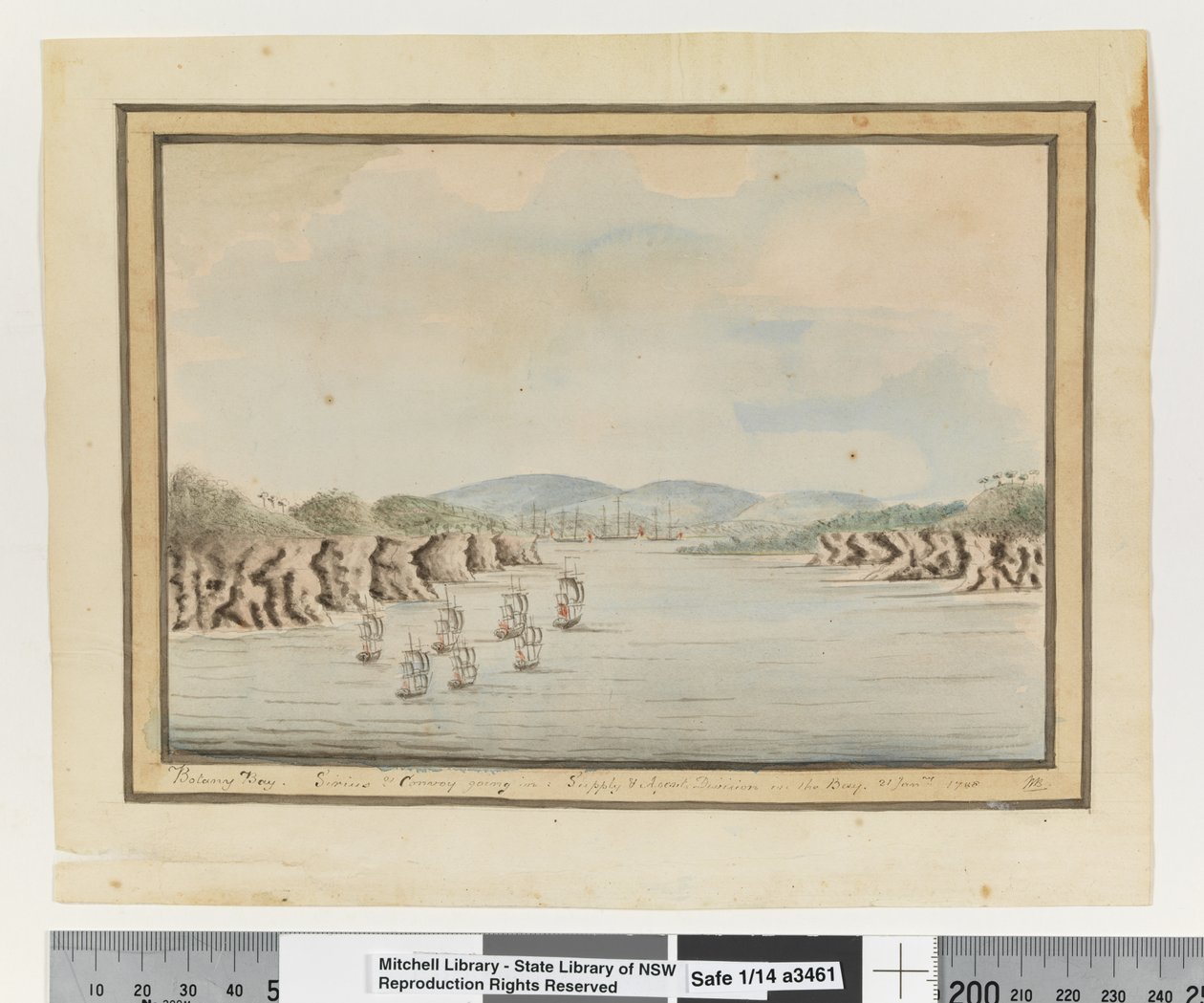 Opp. p. 56. `Botany Bay. Sirius et convoi entrant : Supply et division des agents dans la baie. 21 janvier 1788