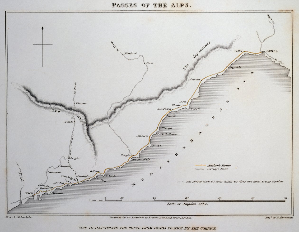 Carte des passages dans les Alpes Maritimes, route côtière entre Gênes et Nice - William Brockedon