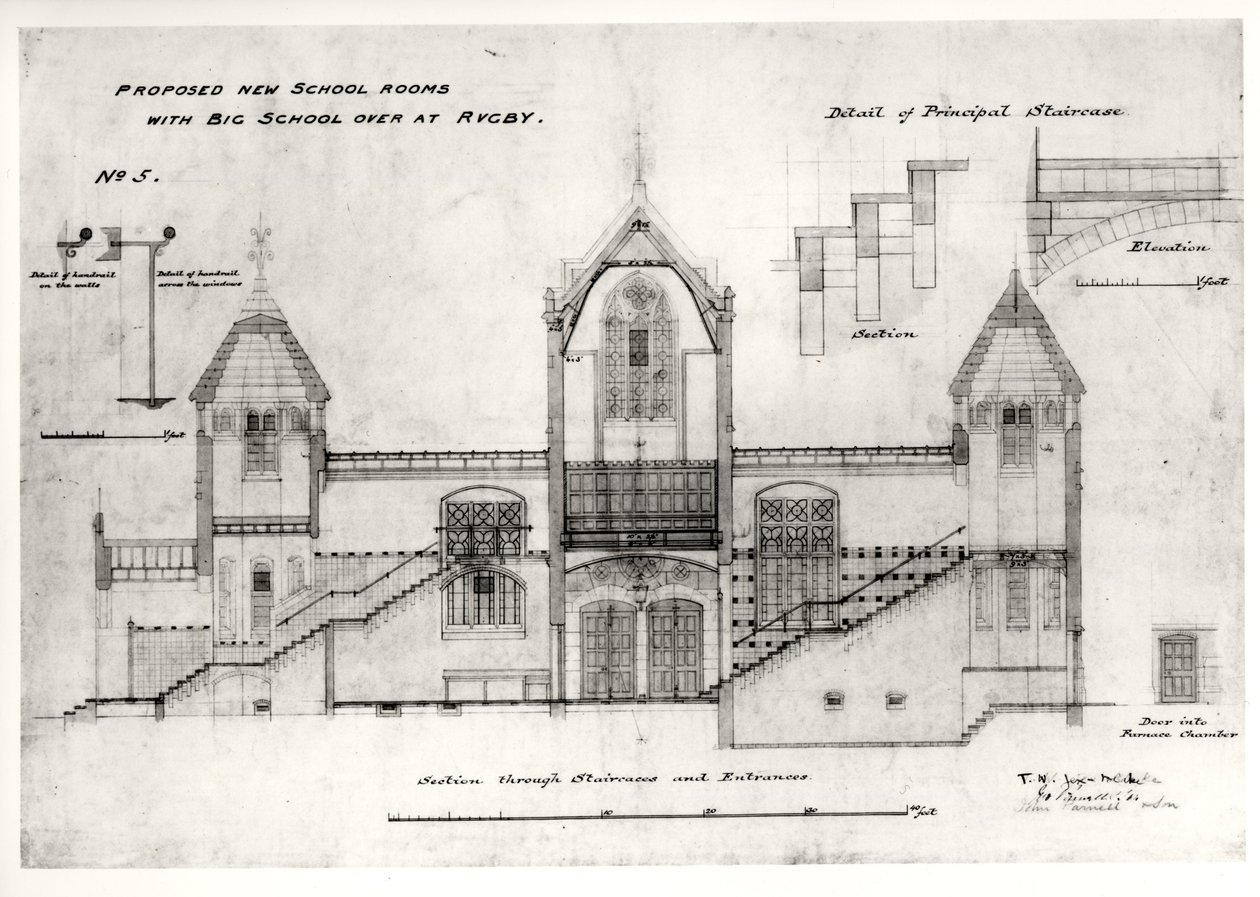 Détails des entrées, escaliers, porte de la chambre de la chaudière et rampes, (New Big School), Rugby School, 1844 (encre noire, crayon et aquarelle) - William Butterfield