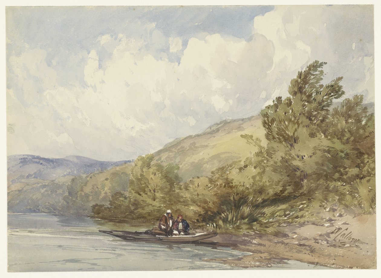 Paysage vallonné avec un lac et un bateau avec deux figures - William Callow