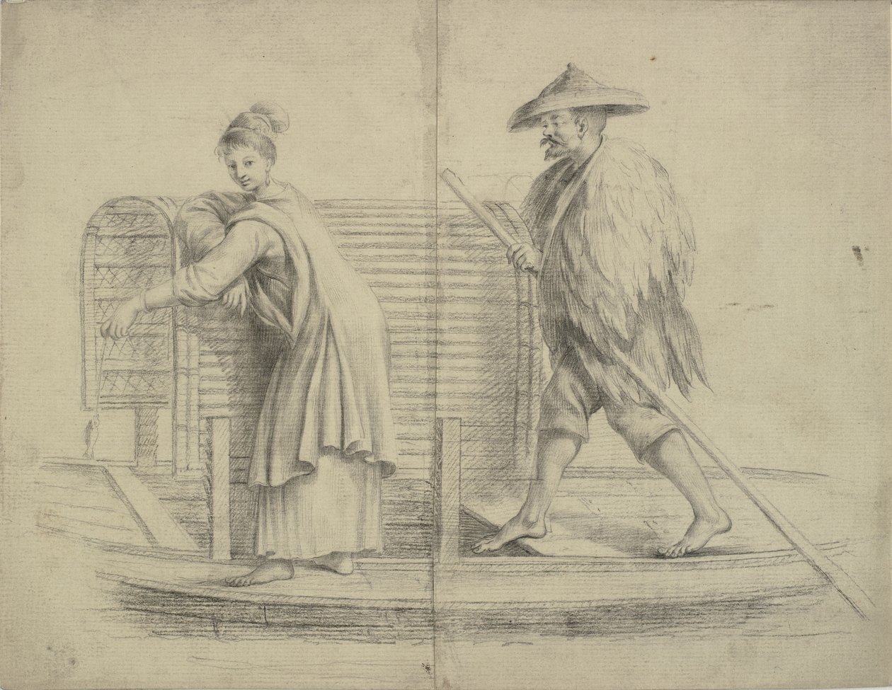 Scène chinoise. Homme et femme sur un bateau fluvial - William Chambers