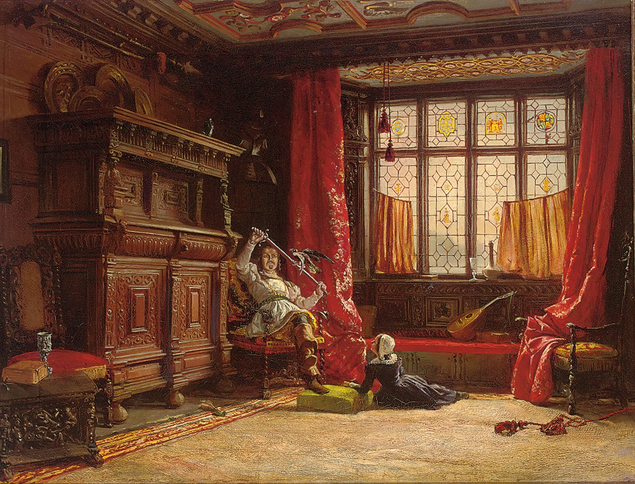 Un cavalier dans un intérieur sombre, un oiseau sur son épée, 1843 - William Collingwood
