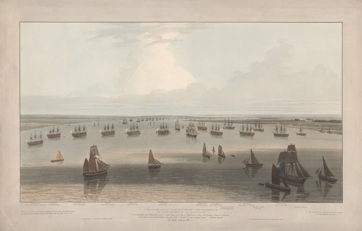 Vue des frégates stationnées dans la Hope sous le commandement des frères aînés de la Trinity House, estuaire de la Tamise - William Daniell