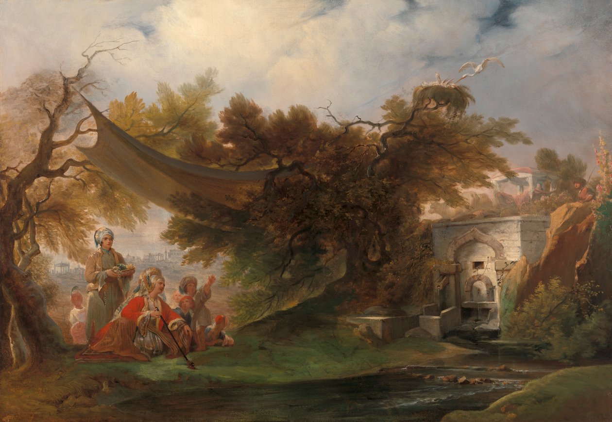 Paysage indien avec des figures près d