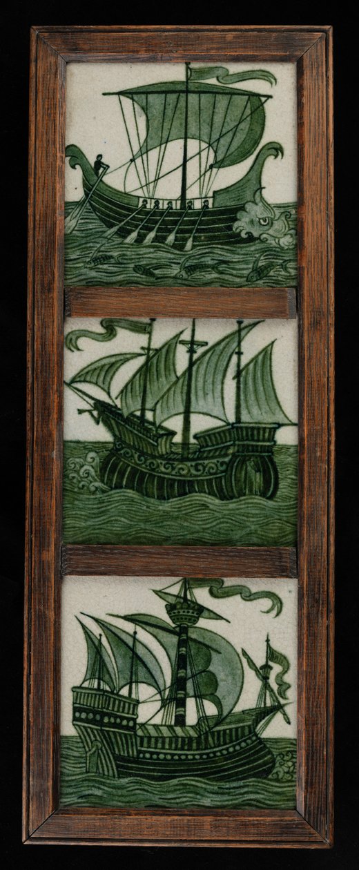 Panneau de carreaux de navires à pleine voile, encadré, vers 1865-80 - William de Morgan