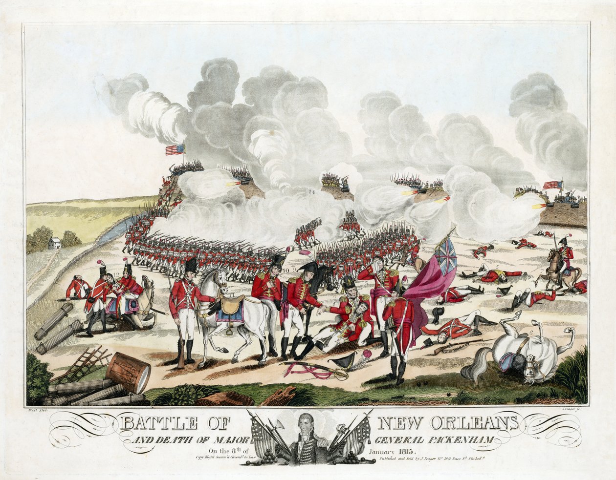 Bataille de la Nouvelle-Orléans et mort du Major Général Packenham le 8 janvier 1815, pub. 1815 - William Edward (after) West