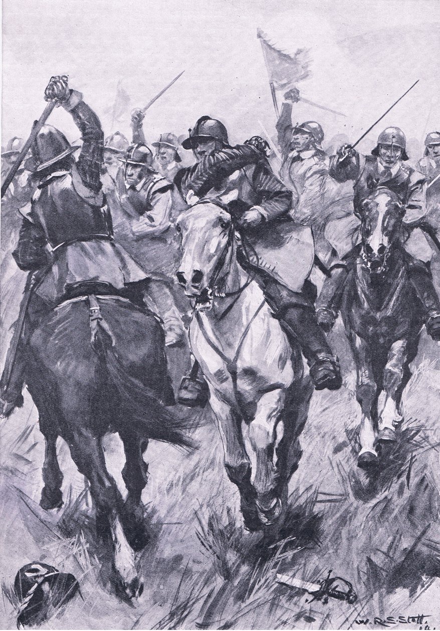 Le conflit de cavalerie à Dunbar, 3 septembre 1650, illustration de British Battles on Land and Sea, 1915 - William Edward Stott