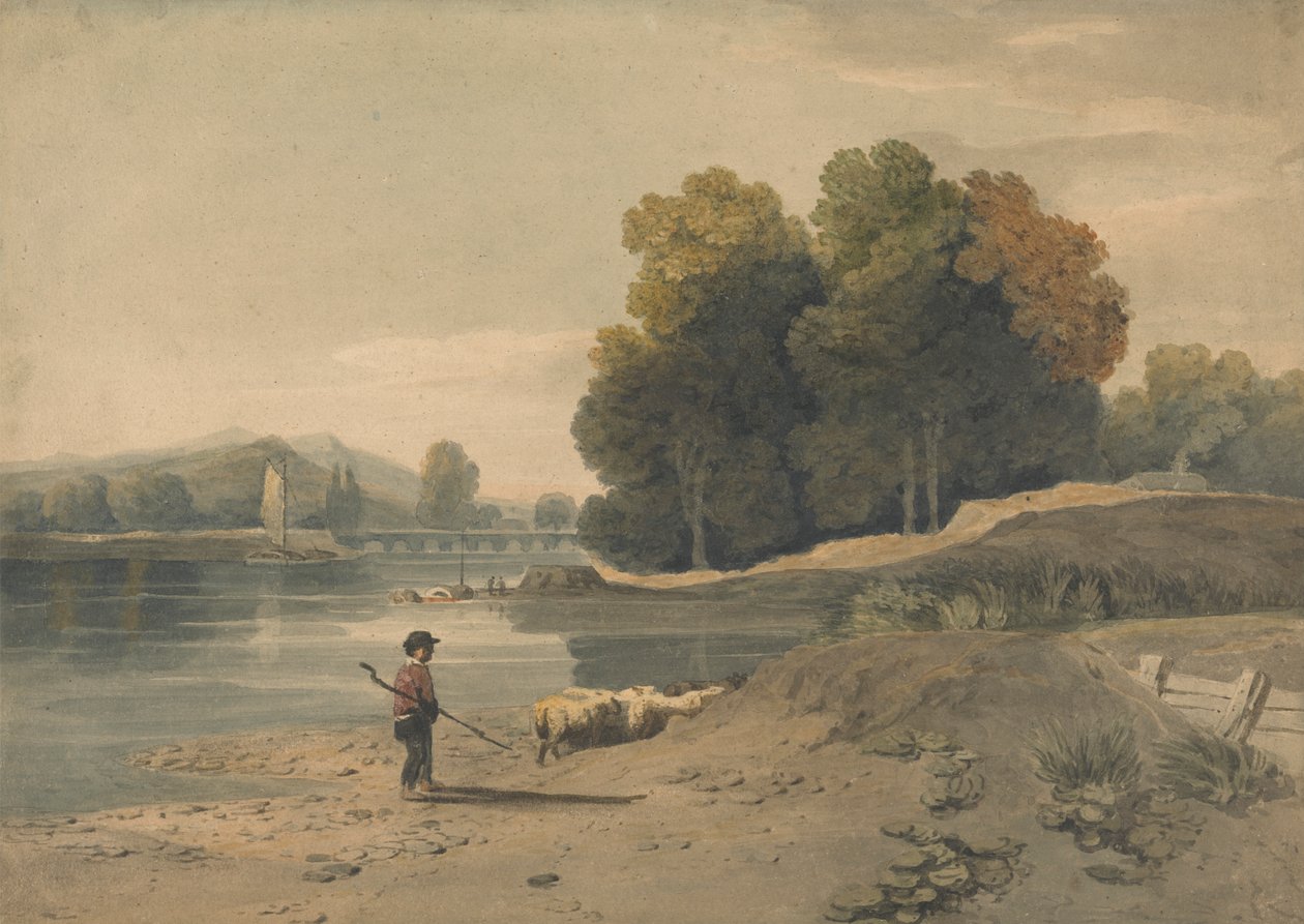 Scène de rivière avec garçon et moutons | William Havell