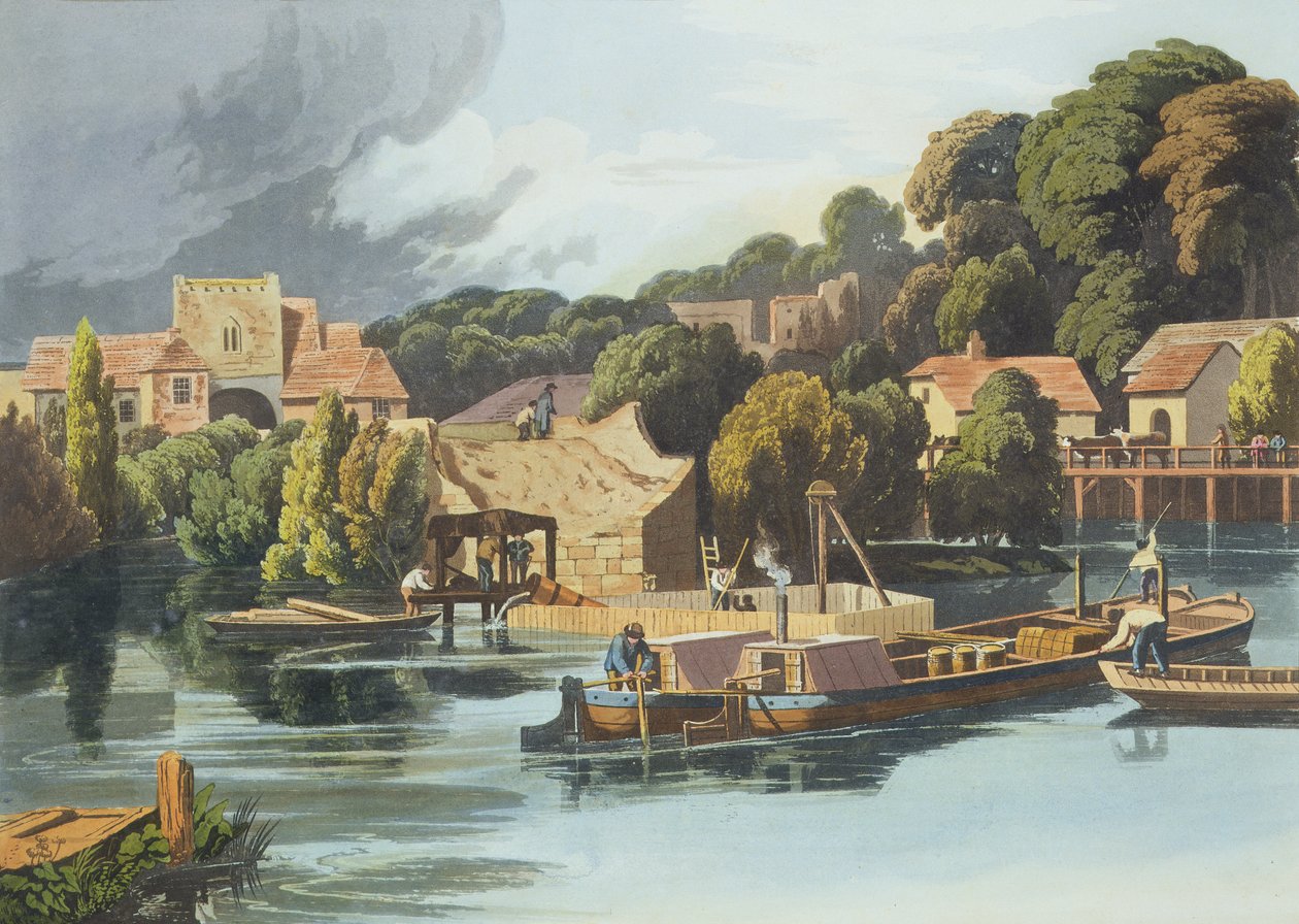 Château de Wallingford en 1810 pendant les réparations du pont, gravé par Robert Havell le Jeune, publié en 1818 - William Havell