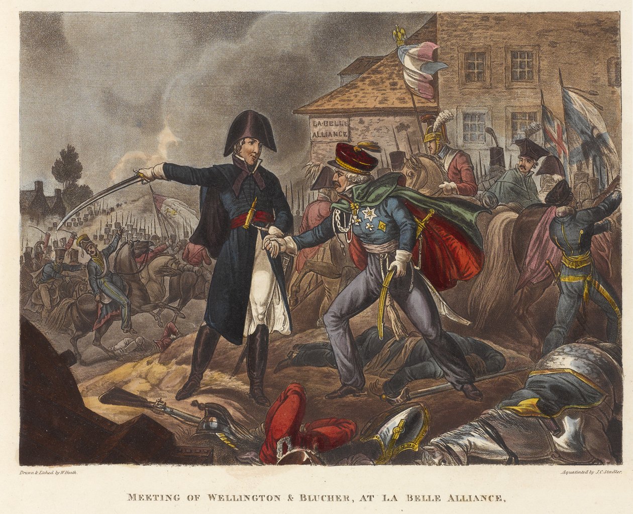 Rencontre de Wellington et Blücher à La Belle Alliance, aquatinte par Joseph Constantine Stadler, 1818 - William Heath