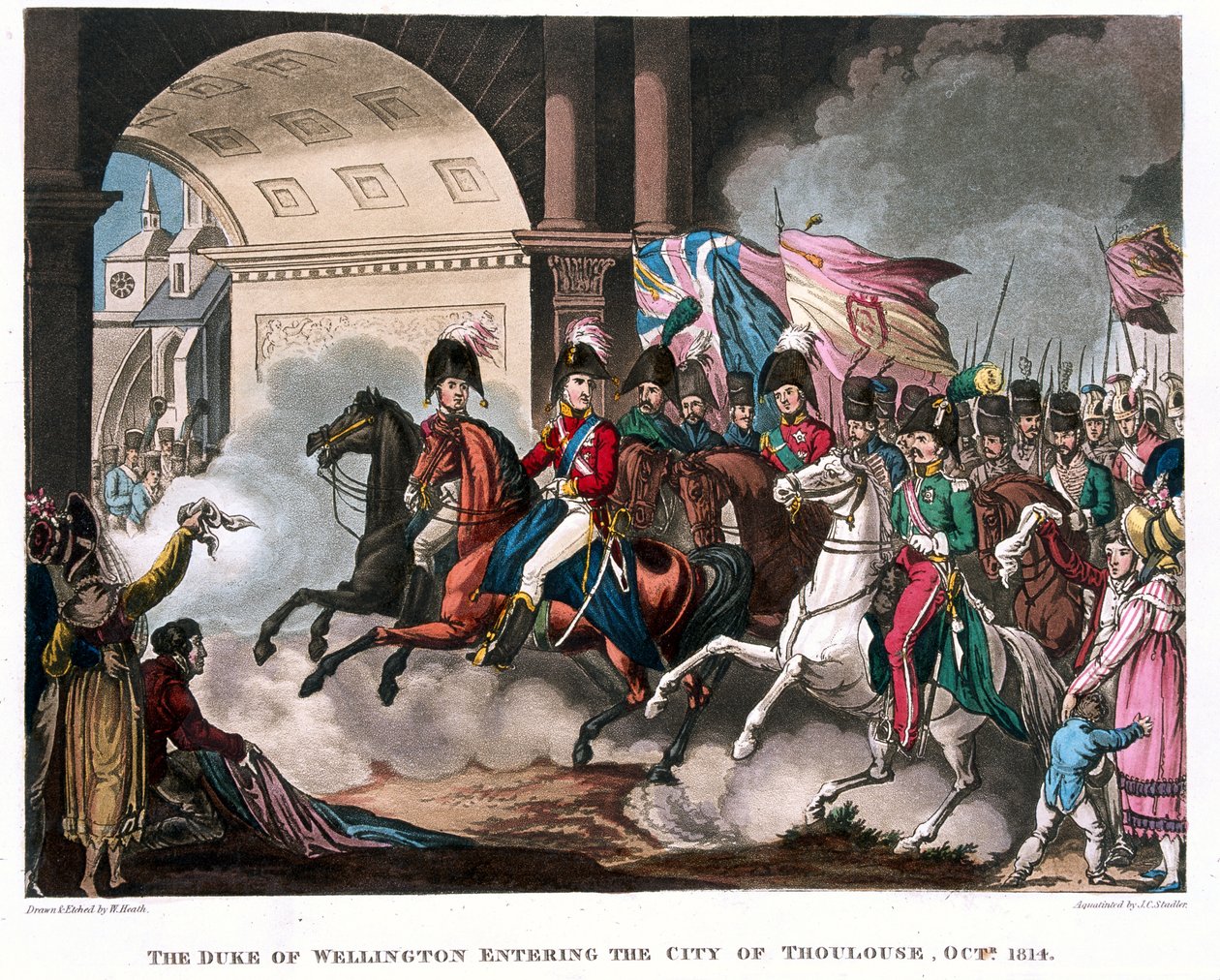 Le duc de Wellington (1769-1852) entrant dans la ville de Toulouse en 1814, illustration pour un poème narratif du Dr Syntax, publié en 1818 - William Heath