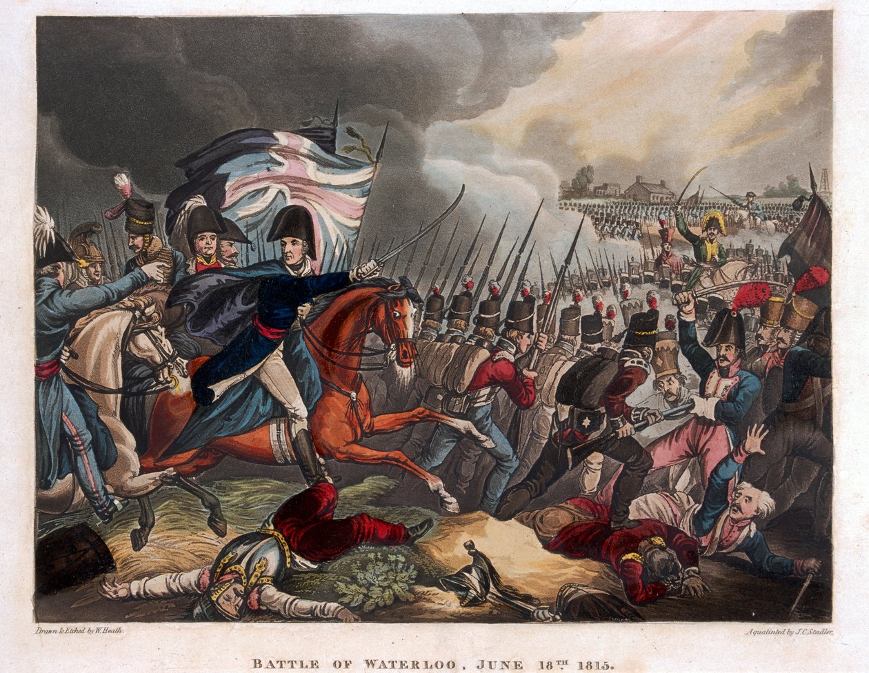 Le Duc de Wellington (1769-1852) avec des troupes avançant à la Bataille de Waterloo, illustration d