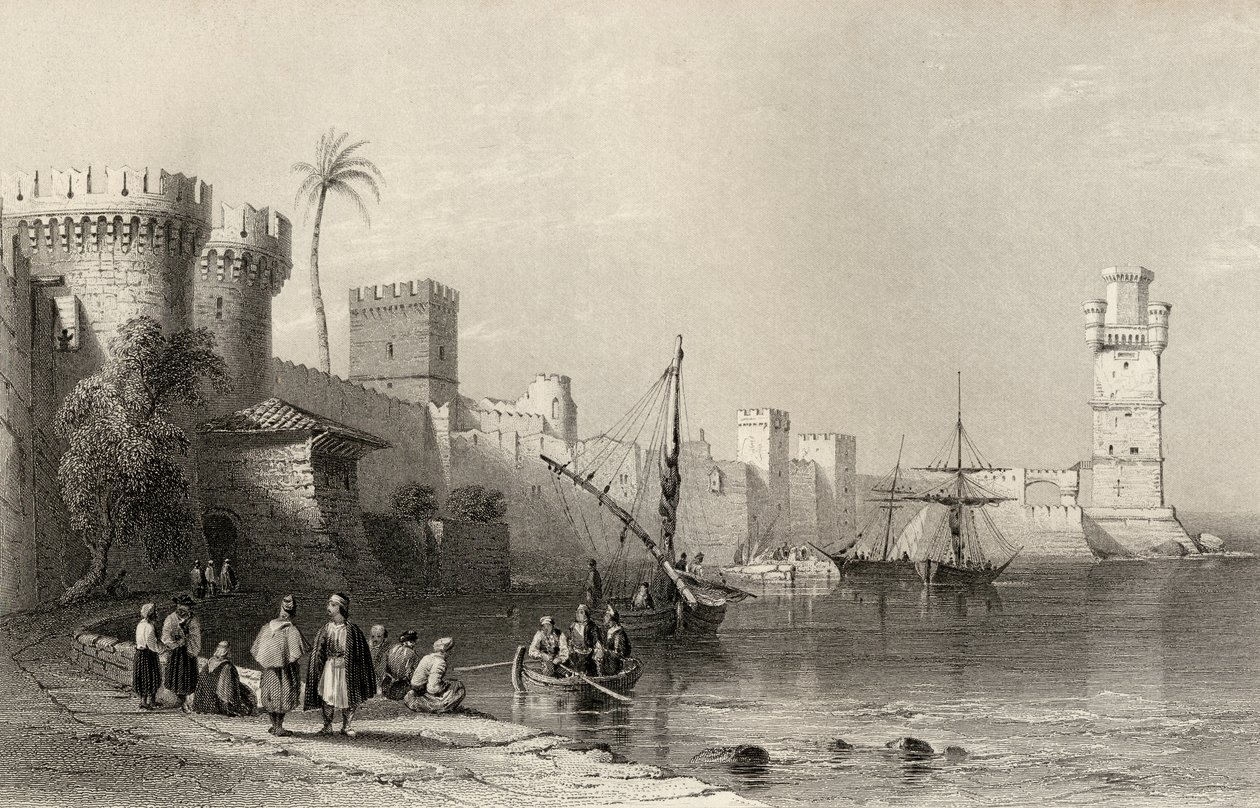 Port de Rhodes, Grèce, gravé par J.C. Armytage - William Henry Bartlett