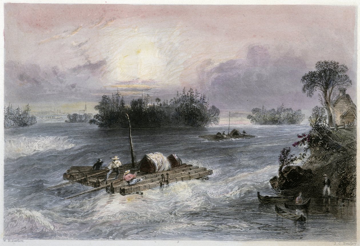 Transport de bois et rapides vers le village de Cèdres - William Henry Bartlett