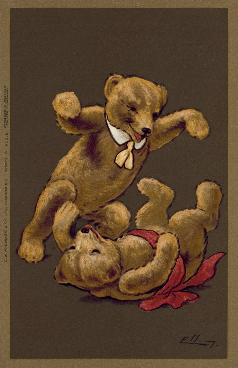 Oursons garçon et fille jouant (lithographie couleur) - William Henry Ellam