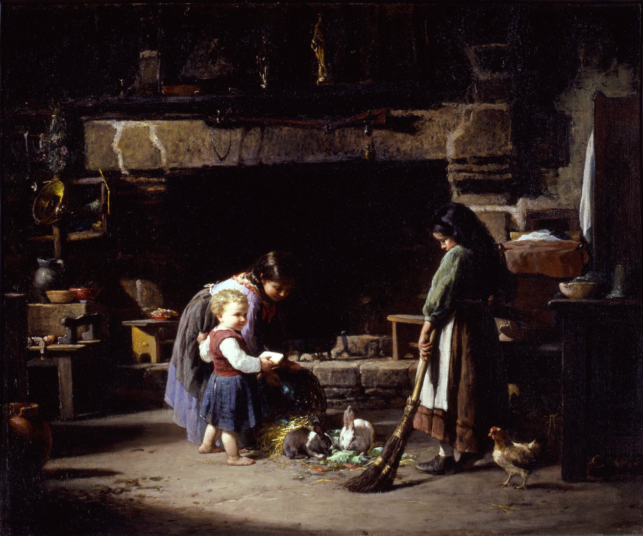 Intérieur de ferme : enfants bretons nourrissant des lapins, 1878 - William Henry Lippincott