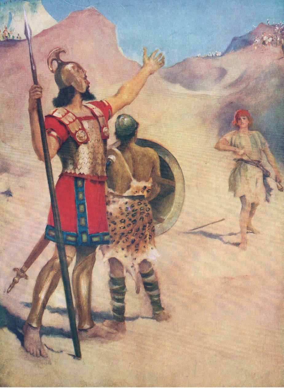 David et Goliath, de The Bible Picture Book publié par Thomas Nelson, c.1950 - William Henry Margetson