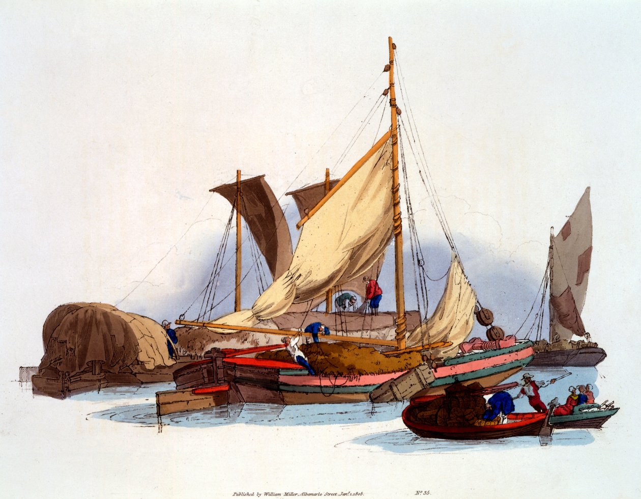 Bateliers et rameurs déplaçant des marchandises et des passagers, 1808 - William Henry Pyne