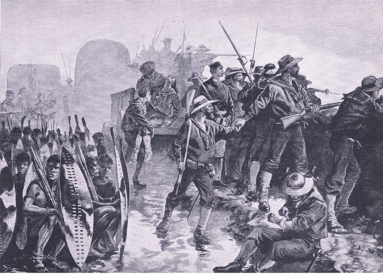 Défendre un laager contre une attaque zouloue, illustration de British Battles on Land and Sea, 1915 - William Heysham Overend