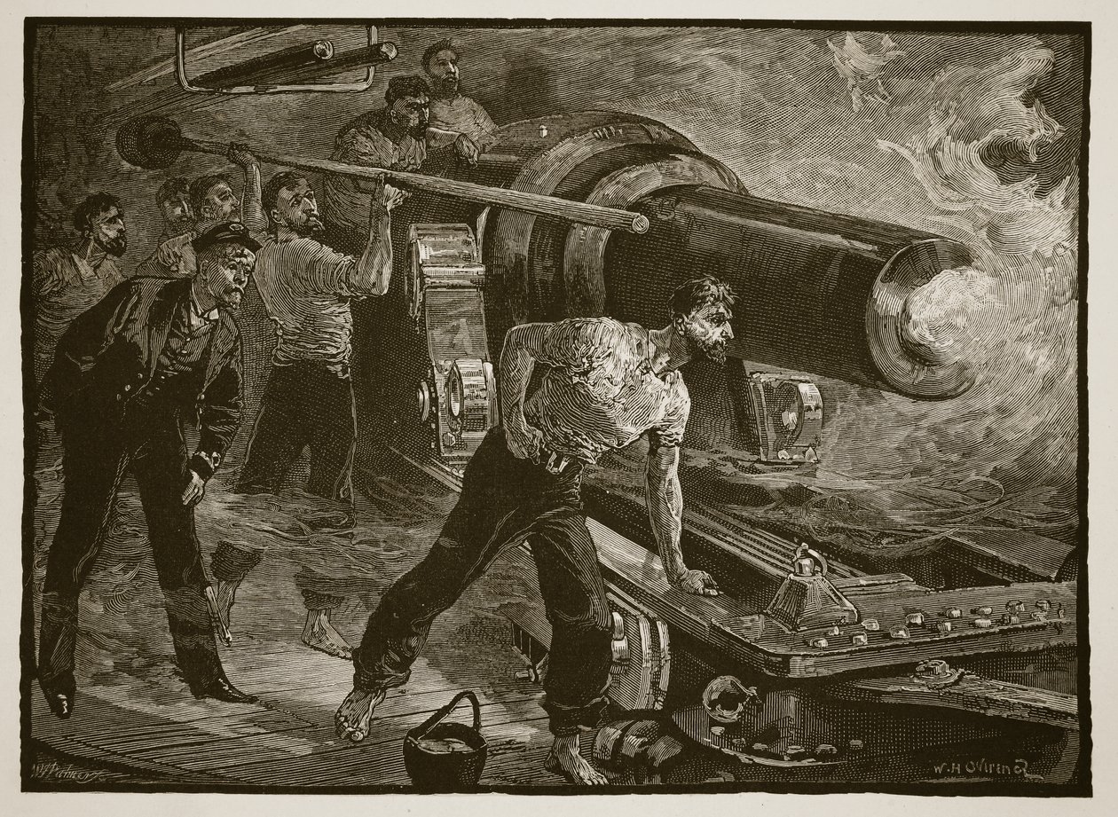 Guerre navale : manœuvrer un canon de navire, gravé par W.J. Palmer - William Heysham Overend