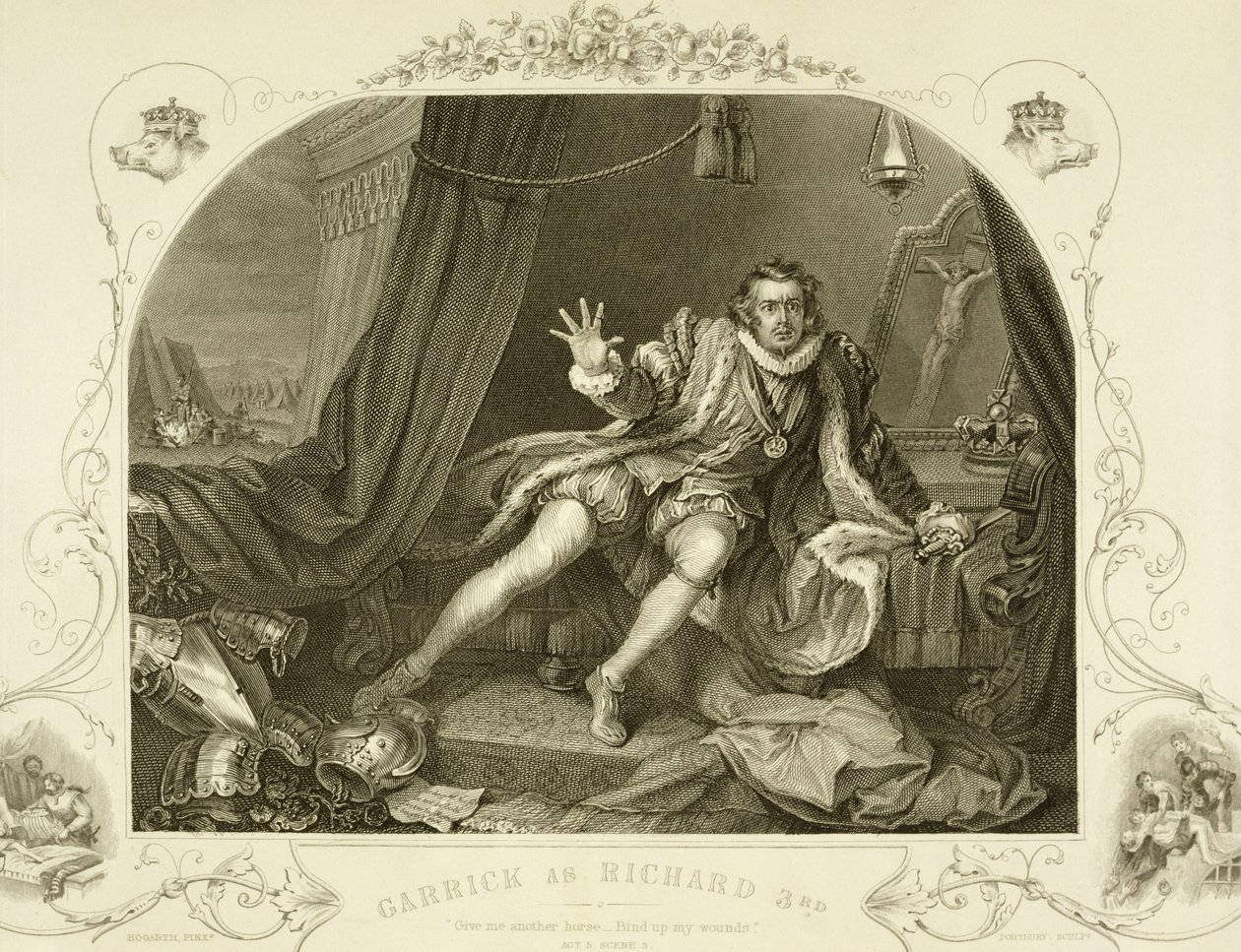 David Garrick (1717-79) en Richard III, Acte V Scène 3, dans la pièce de William Shakespeare, gravé par Portbury - William Hogarth