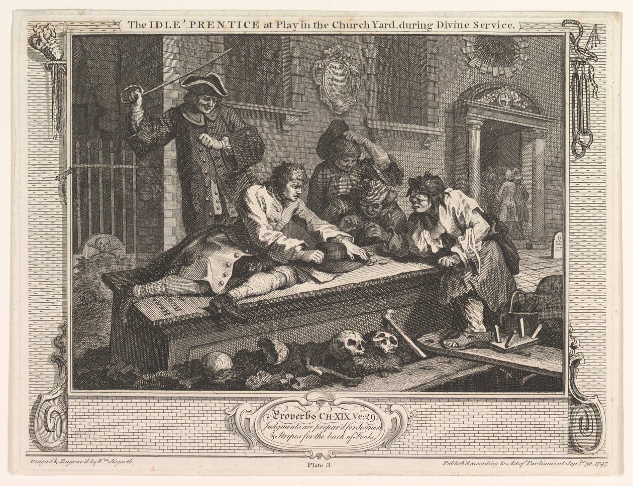 Le Paresseux jouant dans le cimetière Industrie et paresse, planche 3 - William Hogarth