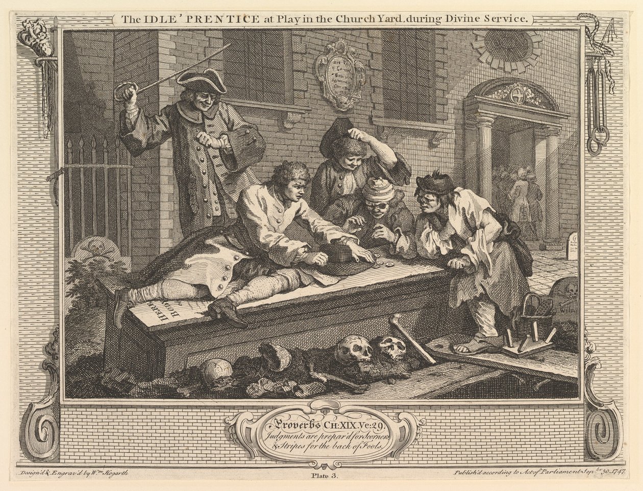 Le paresseux jouant dans le cimetière : Industrie et Paresse, planche 3, 30 septembre 1747 - William Hogarth