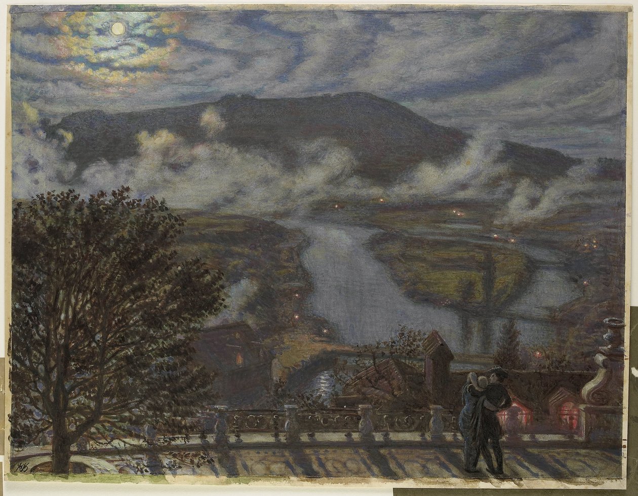 Vue depuis la terrasse sur un paysage fluvial de nuit (The Terrace, Berne) - William Holman Hunt