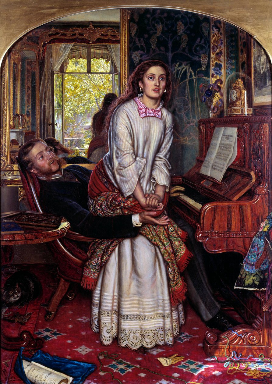 Le réveil de la conscience Une jeune femme dans le péché se lève soudainement, en proie à une révélation spirituelle, cherchant à échapper aux bras de son amant - William Holman Hunt