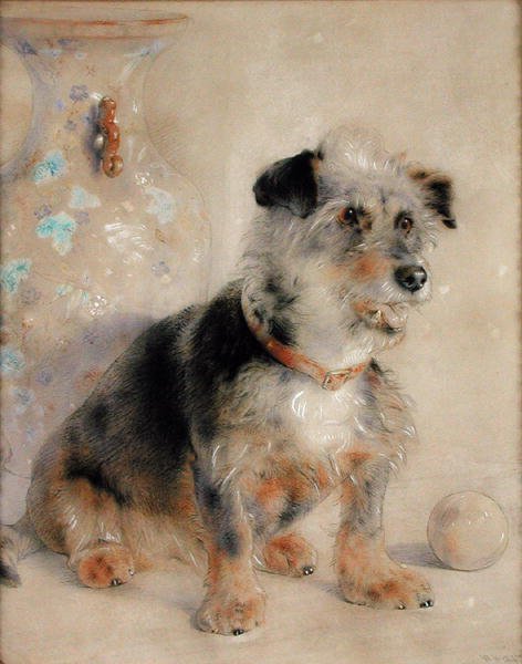 Terrier assis devant un vase Canton Famille Rose - William Huggins