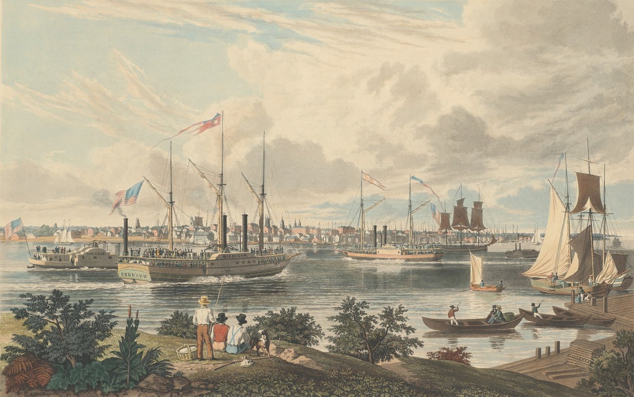 Ville de Detroit, Michigan : prise depuis la rive canadienne près du ferry, publié en 1837 - William James Bennett