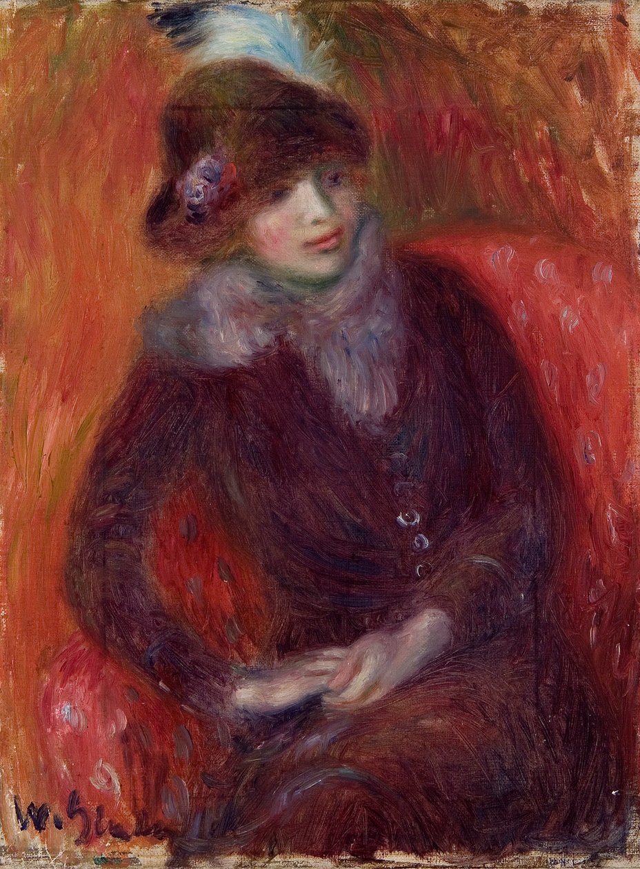 Femme assise avec un col en fourrure et fond rouge - William James Glackens