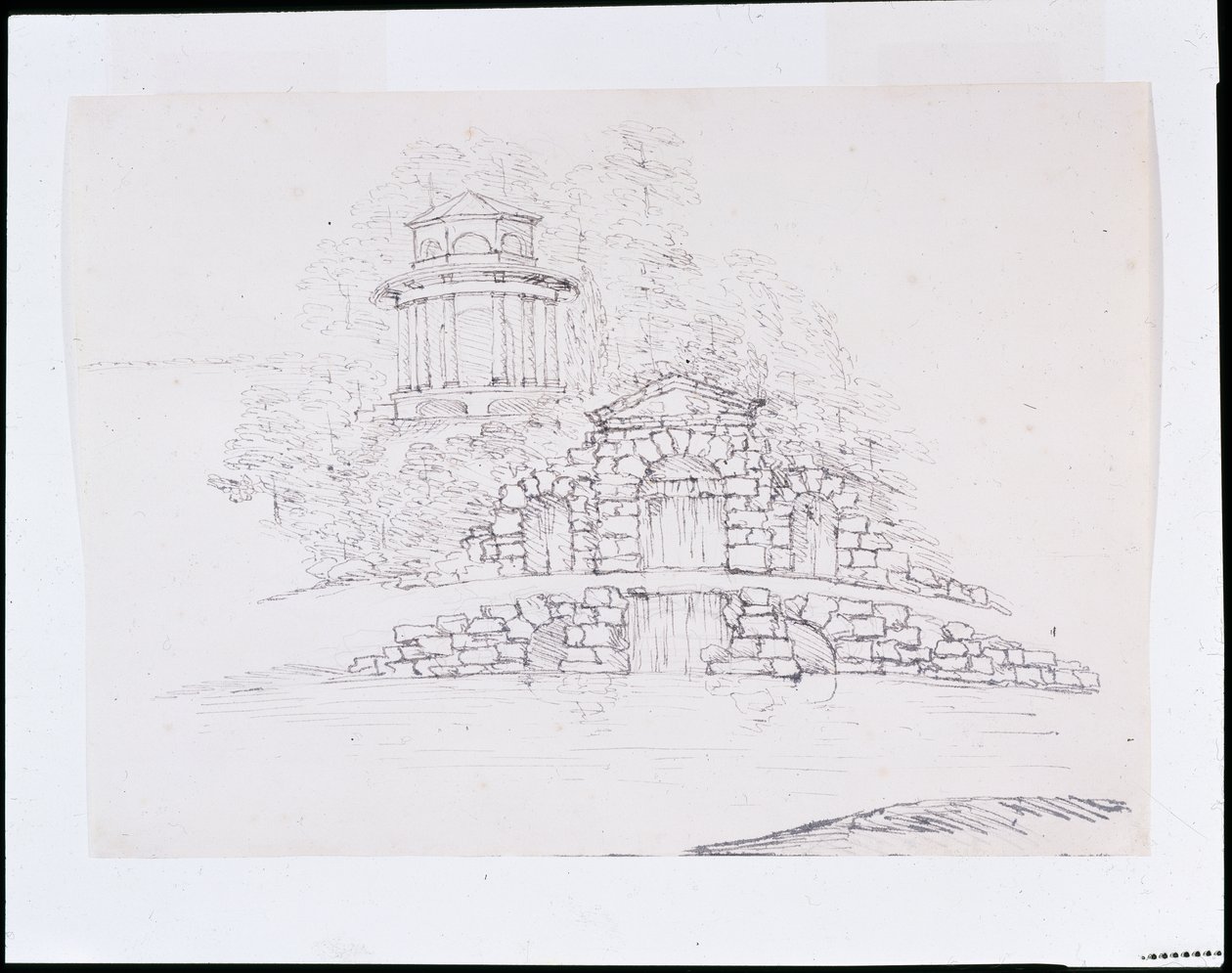Chiswick, design pour une cascade rocheuse avec un temple dorique octogonal sur la terrasse derrière - William Kent