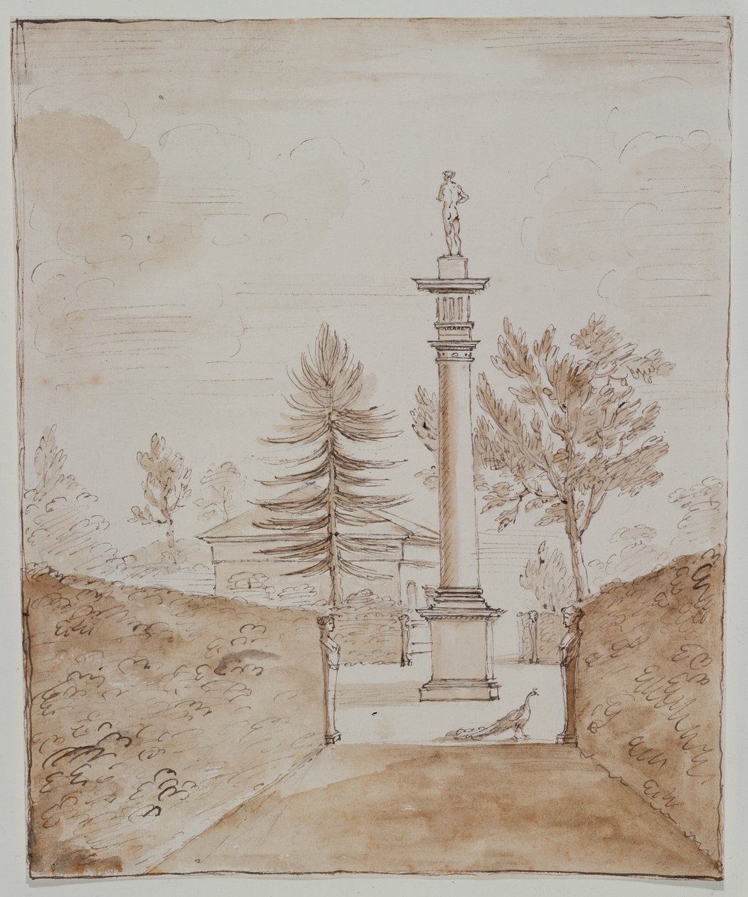 Chiswick, vue de la colonne dorique avec la statue de Vénus de Médicis, et un aperçu du côté de la maison des cerfs (encre sur papier) - William Kent