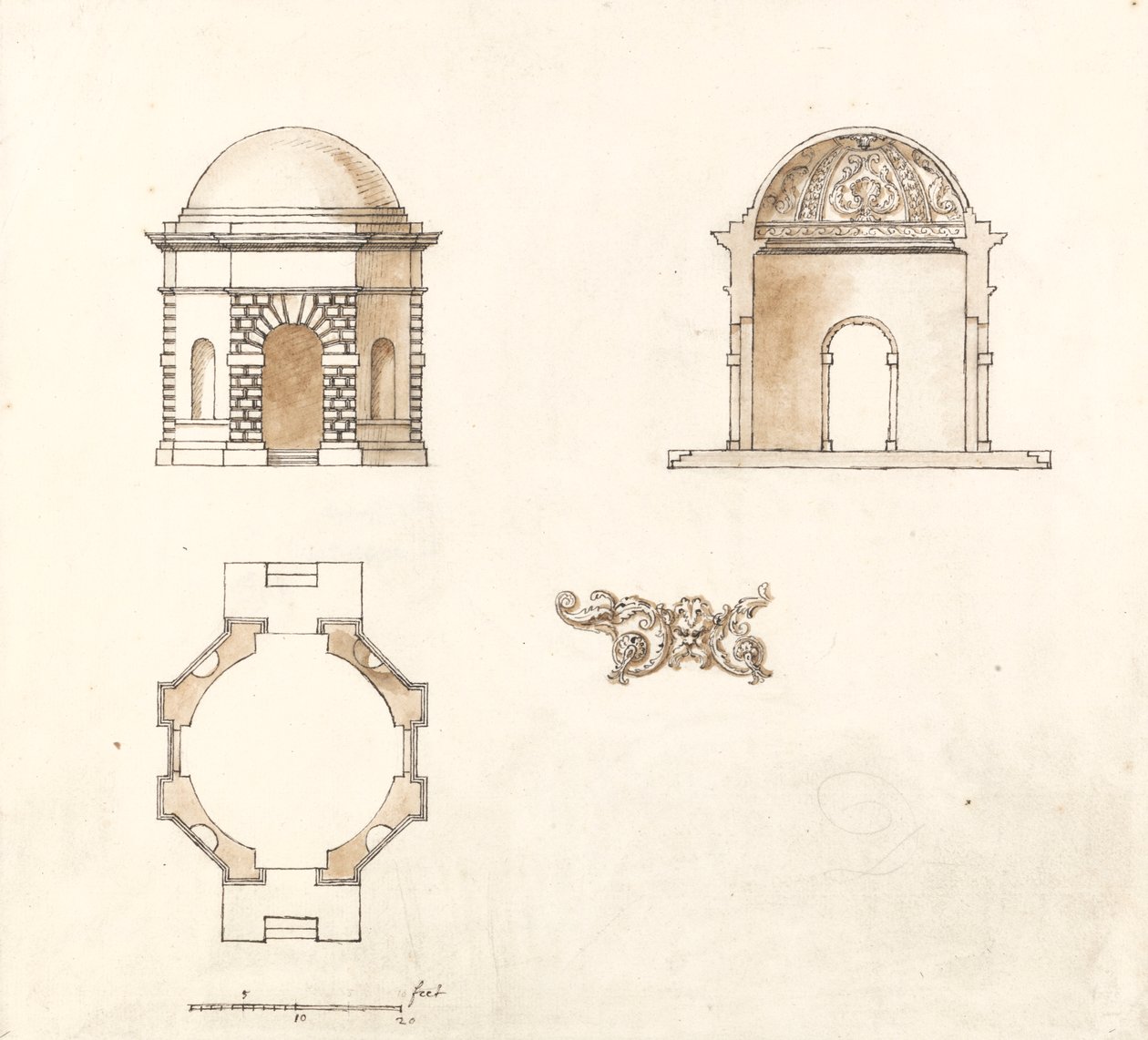Temple octogonal à Shotover Park, Oxfordshire : Plan, section et élévation - William Kent