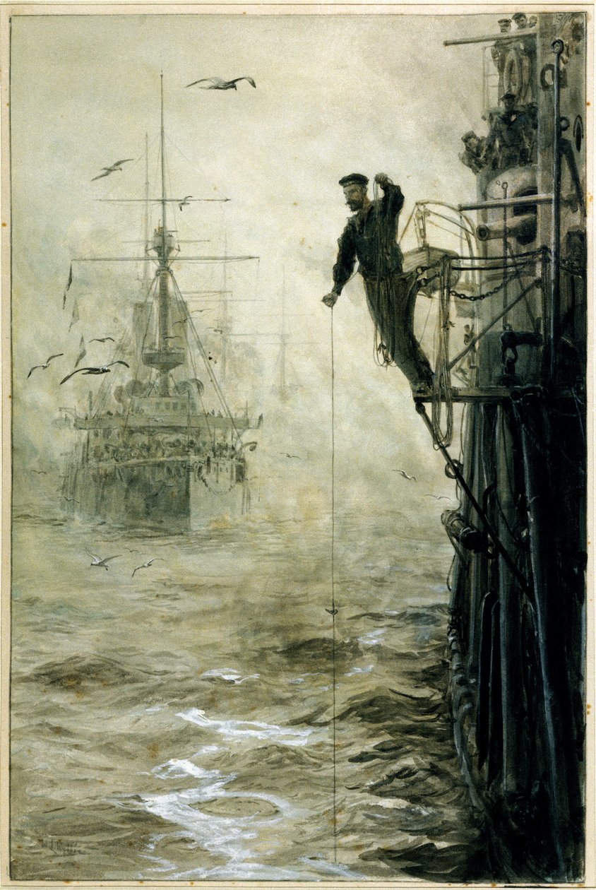 Trouvez votre chemin à travers le brouillard, avec un marin en équilibre sur la piste, tenant une ligne de plomb, au premier plan pour mesurer la profondeur de l