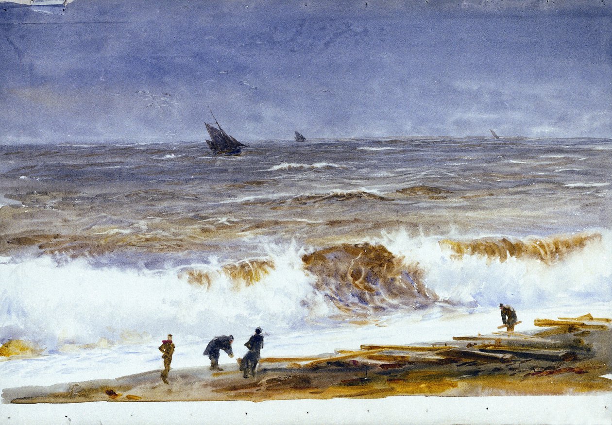 La plage de Berck-sur-Mer (France), avec des mers turbulentes et des personnages sur la plage. Aquarelle, après 1890, par William Lionel Wyllie (1851-1931). - William Lionel Wyllie