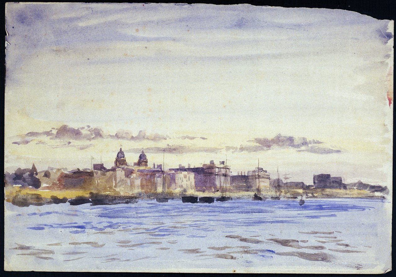 Vue du Royal Naval College, à Greenwich (Angleterre), sur la Tamise, au coucher du soleil, prise de Blackwall (rive opposée) - William Lionel Wyllie