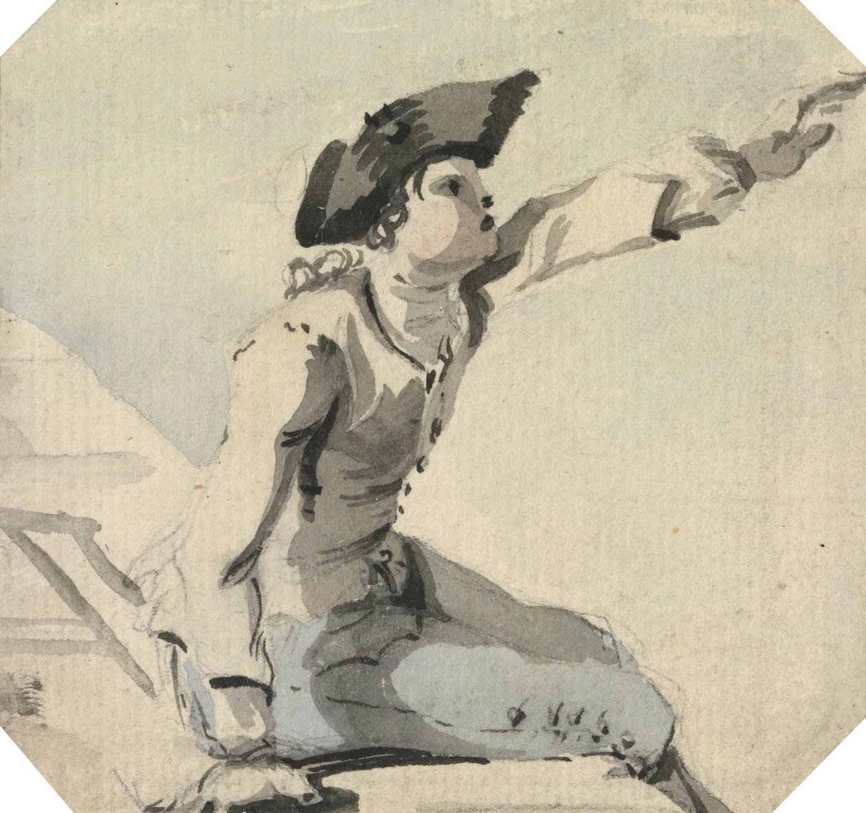 Homme assis sur un parapet agitant son bras gauche - William Marlow
