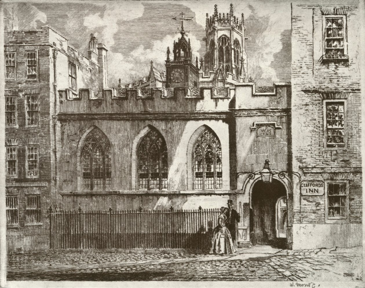 Cliffords Inn Hall et Clock Turret, avec la tour lanterne de St. Clement Danes au-delà, 1934 - William Monk