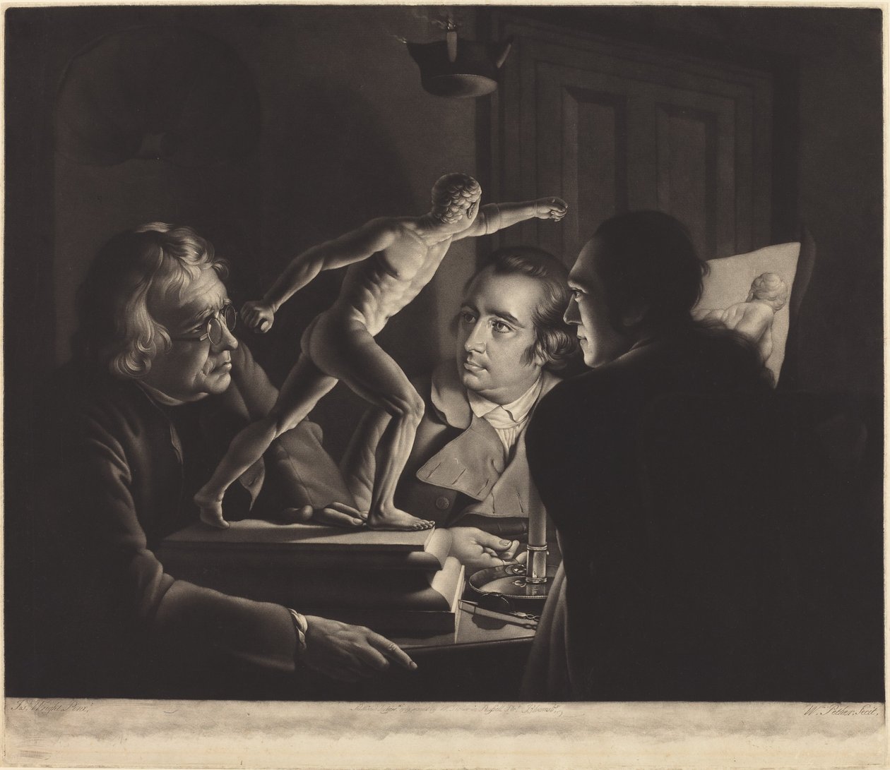 Trois personnes regardant le gladiateur à la lumière des bougies - William Pether after Joseph Wright