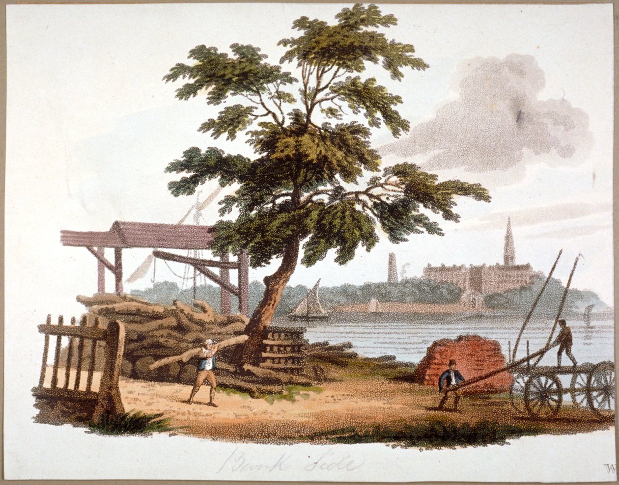 Hommes déplaçant du bois à Bankside, Southwark, Londres, c1810 - William Pickett