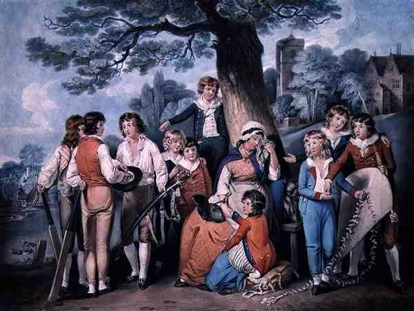 La Veuve du Soldat, ou la Collection des Écoliers, gravé par Robert Dunkarton, publié par James Daniell - William Redmore (after) Bigg